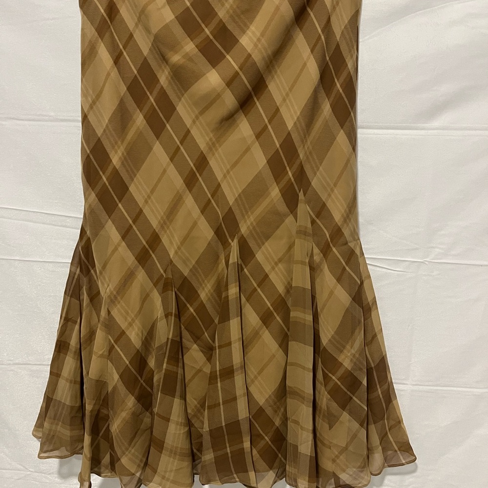 Lauren Ralph Lauren M Women 100% Silk Brown Plaid Skirt Light and Airy New - Picture 7 of 14